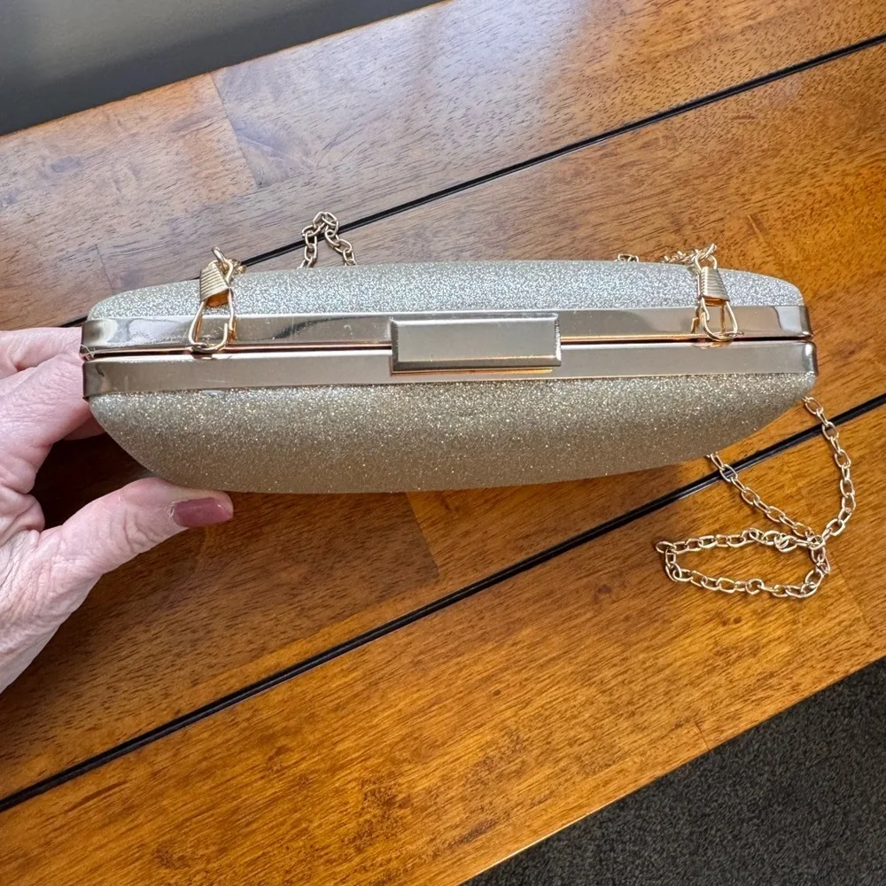 Elegant Gold Glitter Hard Case Evening Clutch Bag Chain Strap Rectangle Shape